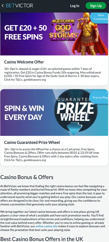 BetVictor Casino mobile offers screenshot showing bonus promotions, welcome offers, and promotional banners on smartphone interface - tested