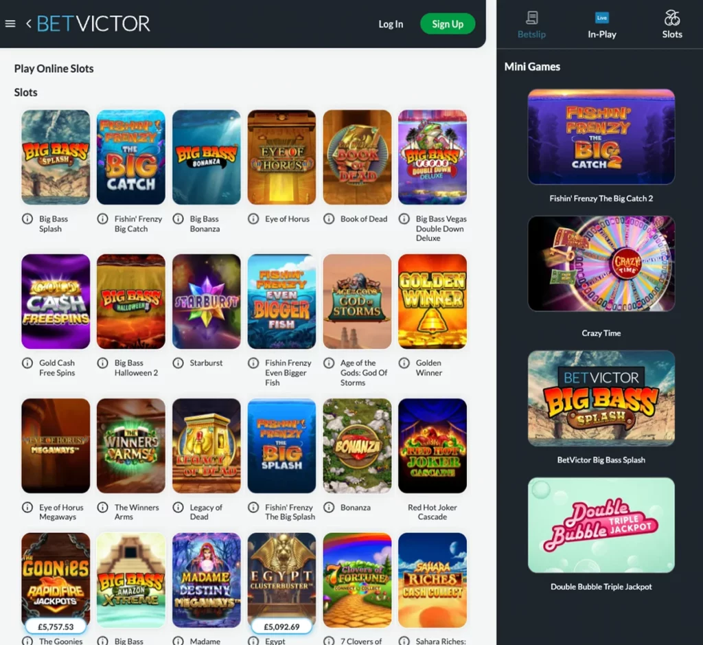 BetVictor Casino desktop slots screenshot displaying full game library with categories, featured slots, and filtering options on widescreen interface - tested
