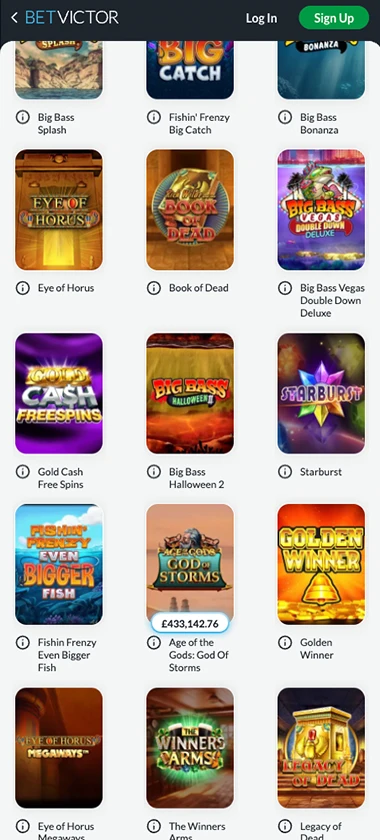 BetVictor Casino mobile slots screenshot showing slot game library with featured titles, categories, and scrollable navigation on smartphone interface - tested