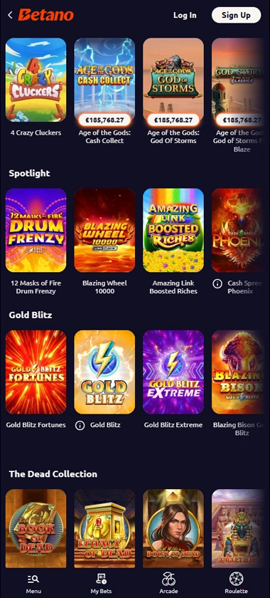 Betano Casino mobile featured games screenshot displaying featured games, categories and touch-optimized navigation - tested