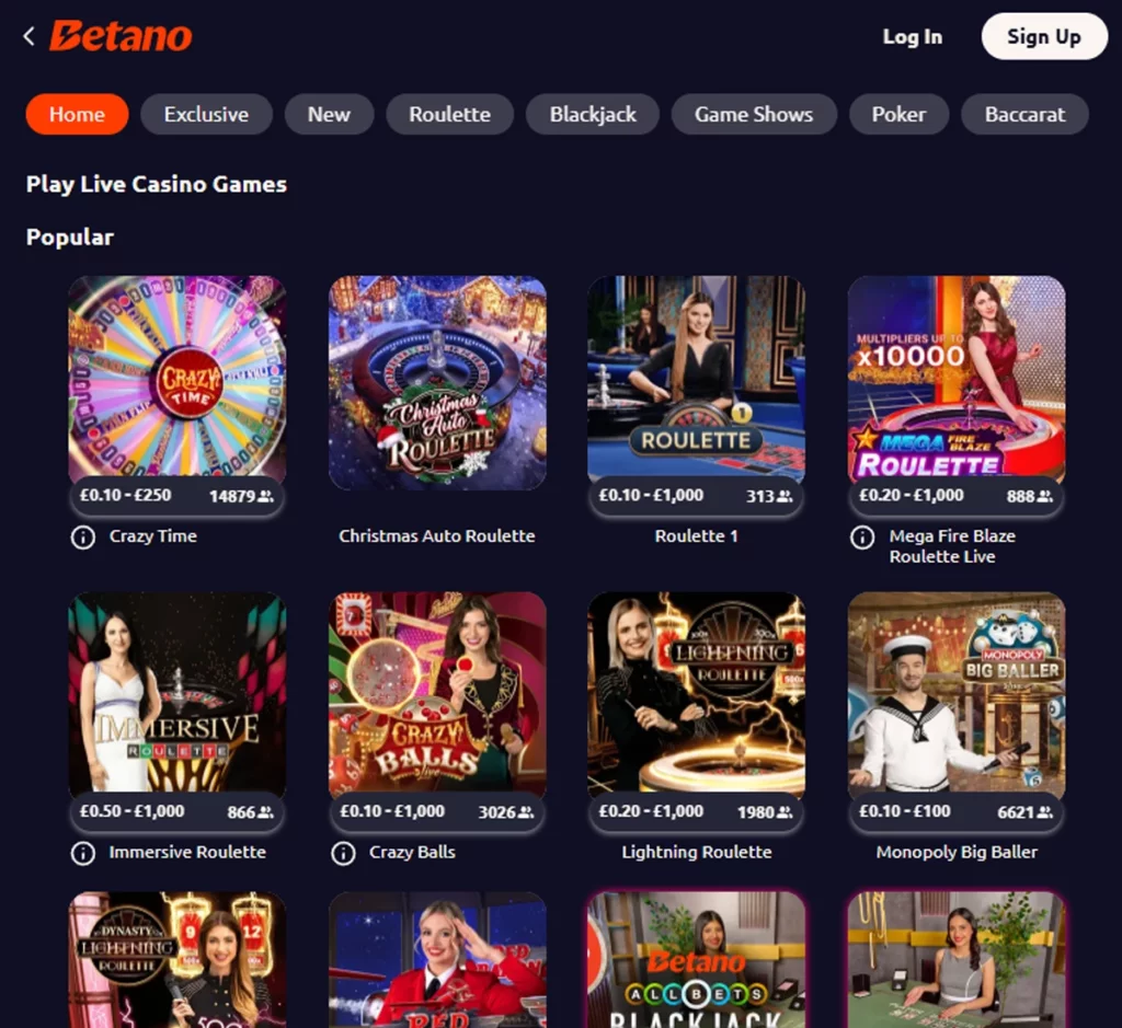 Betano Casino desktop live dealer games collection screenshot showing roulette, blackjack and baccarat tables in lobby view with categories and provider filters - tested