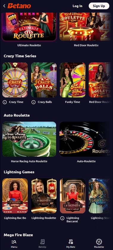 Betano Casino mobile live dealer games collection screenshot displaying available live tables and categories with mobile-friendly interface/navigation - tested