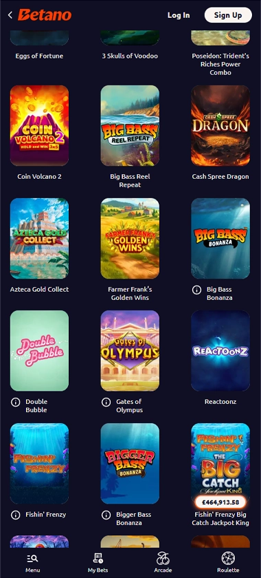 Betano Casino mobile slots variety screenshot displaying featured slots, categories and touch-optimized navigation - tested