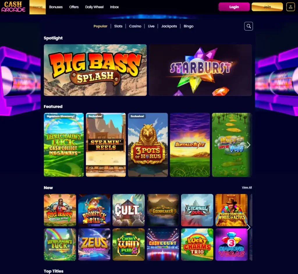 Cash Arcade Casino desktop homepage screenshot showing main navigation, featured games and promotional banners - tested Cash Arcade Casino desktop homepage screenshot showing main navigation, featured games and promotional banners - tested