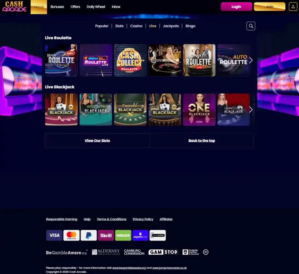 Cash Arcade Casino desktop live dealer games collection screenshot showing roulette, blackjack and baccarat tables in lobby view with categories and provider filters - tested Cash Arcade Casino desktop live dealer games collection screenshot showing roulette, blackjack and baccarat tables in lobby view with categories and provider filters - tested