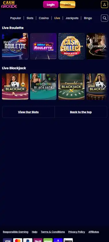 Cash Arcade Casino mobile live dealer games collection screenshot displaying available live tables and categories with mobile-friendly interface/navigation - tested Cash Arcade Casino mobile live dealer games collection screenshot displaying available live tables and categories with mobile-friendly interface/navigation - tested