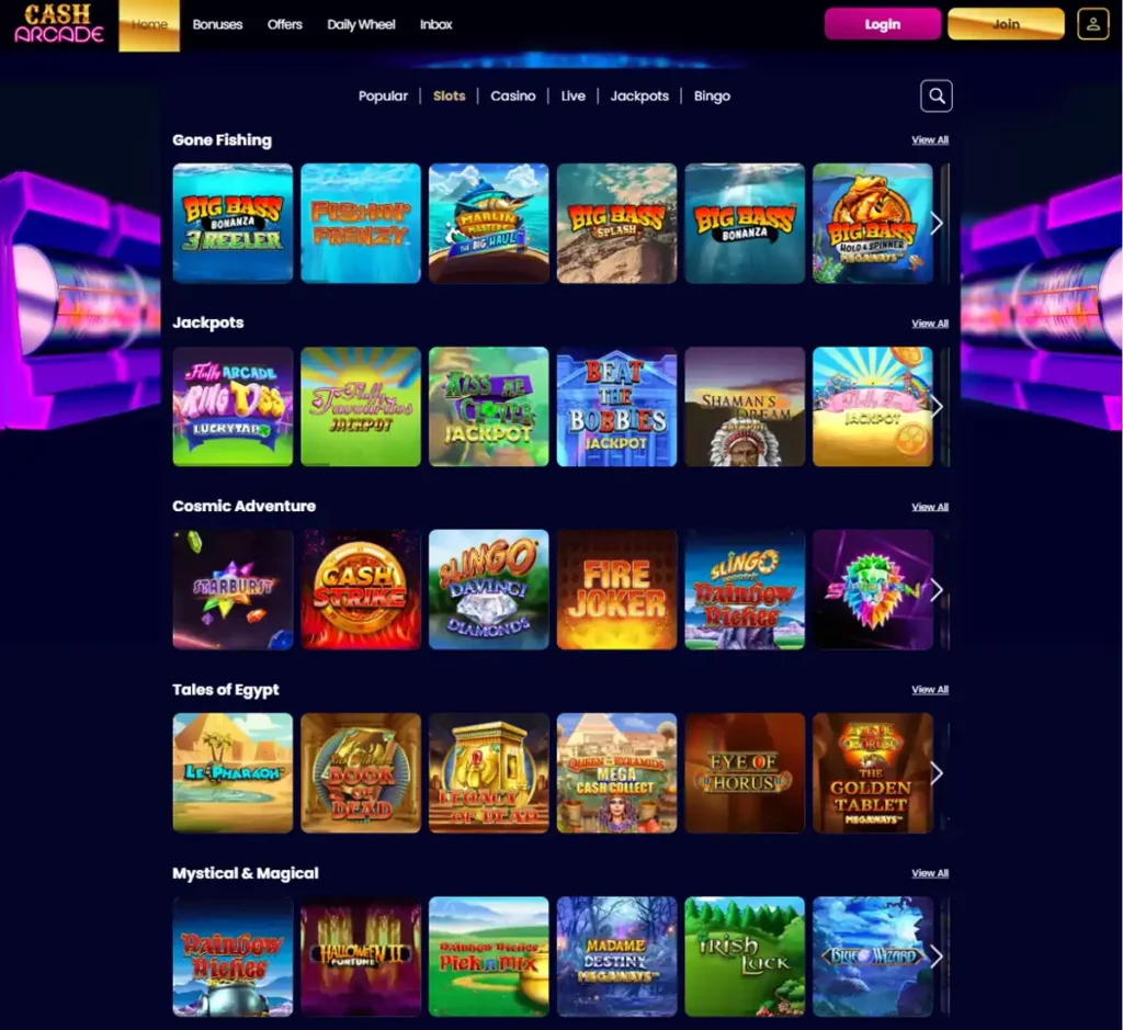 Cash Arcade Casino desktop slots screenshot showing multiple slot categories, featured games and provider filters - tested Cash Arcade Casino desktop slots screenshot showing multiple slot categories, featured games and provider filters - tested