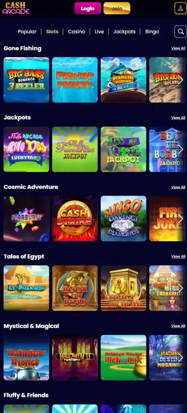 Cash Arcade Casino mobile slots variety screenshot displaying featured slots, categories and touch-optimized navigation - tested Cash Arcade Casino mobile slots variety screenshot displaying featured slots, categories and touch-optimized navigation - tested