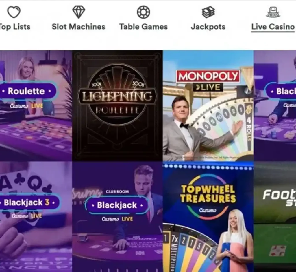 Casumo Casino desktop live casino screenshot displaying live dealer tables, streaming interface, and game selection grid on widescreen layout - tested Casumo Casino desktop live casino screenshot displaying live dealer tables, streaming interface, and game selection grid on widescreen layout - tested