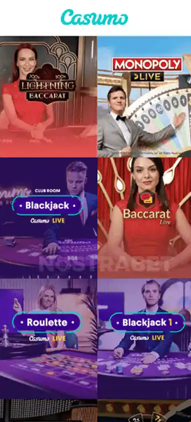 Casumo Casino mobile live casino screenshot showing live dealer tables, game thumbnails, and lobby navigation on smartphone interface - tested