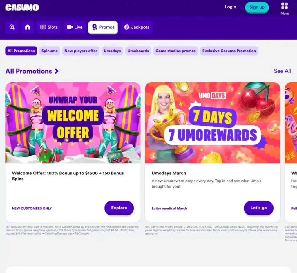 Casumo Casino desktop promotions screenshot displaying bonus offers, promotional banners, and offers list on widescreen interface - tested