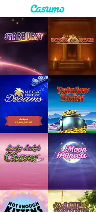 Casumo Casino mobile slots screenshot showing slot game library with featured titles, categories, and scrollable navigation on smartphone interface - tested