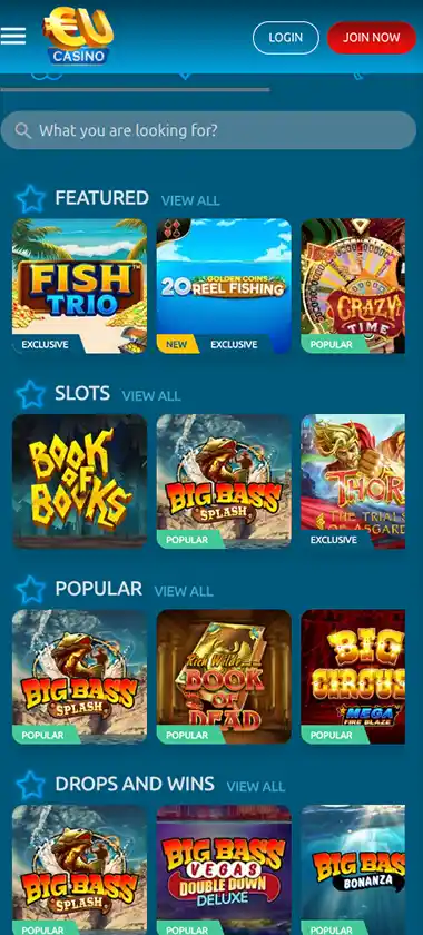 Eu Casino mobile home page screenshot showing main navigation, featured games and promotional banners – tested
