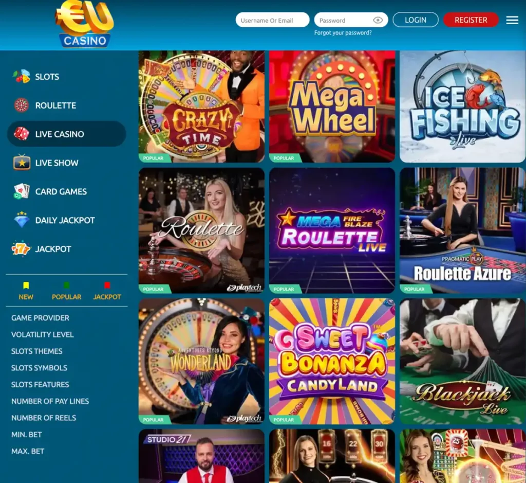 Eu Casino desktop live casino games collection - captured during our review