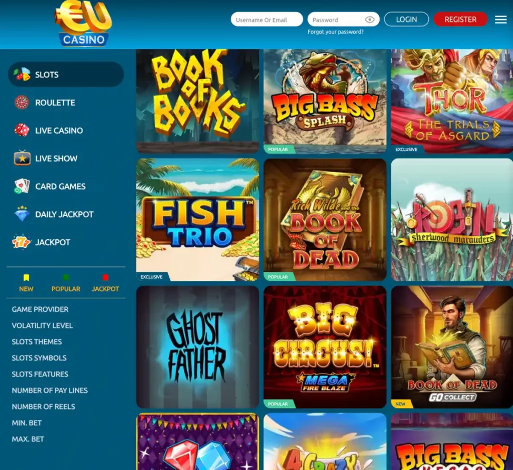 Eu Casino desktop slots variety - captured during our review