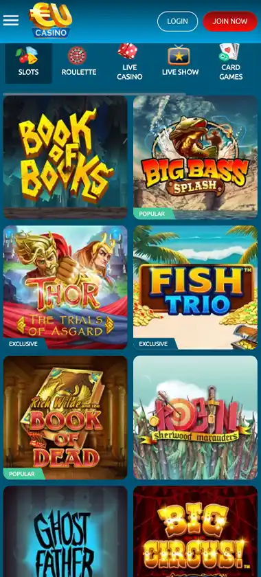 Eu Casino mobile slots variety screenshot displaying featured slots, categories and touch-optimized navigation – tested