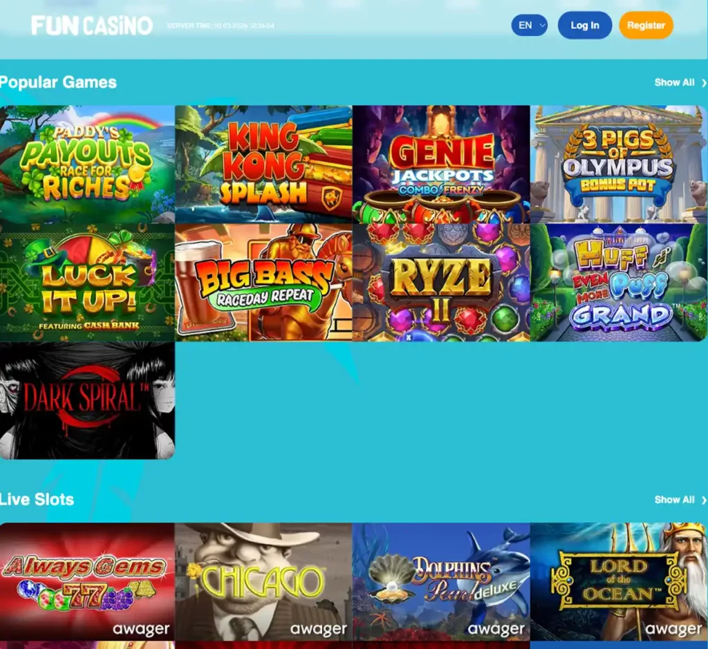 Fun Casino desktop homepage screenshot showing hero banners, navigation menu, featured games and promotional sections on the main landing page - tested
