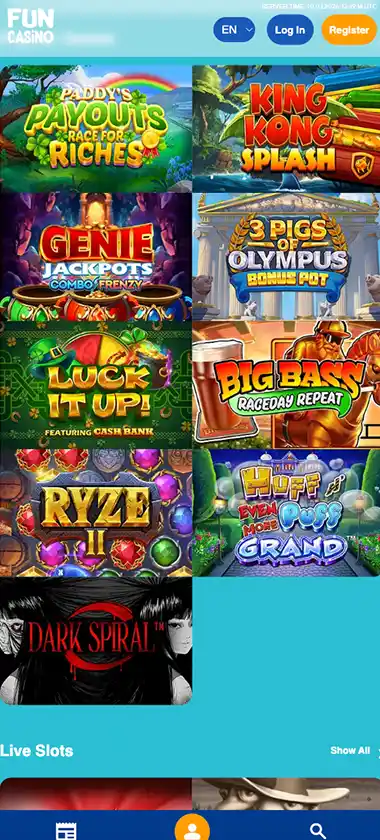 Fun Casino mobile homepage screenshot showing hero banners, navigation menu, featured games and promotional sections on smartphone interface - tested Fun Casino mobile homepage screenshot showing hero banners, navigation menu, featured games and promotional sections on smartphone interface - tested
