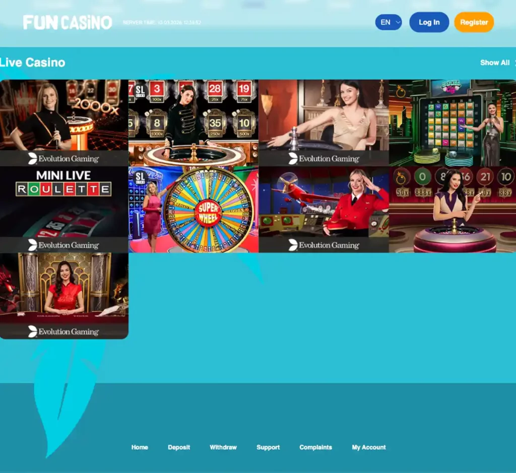 Fun Casino desktop live casino screenshot displaying live dealer tables, game selection and streaming interface on widescreen layout - tested