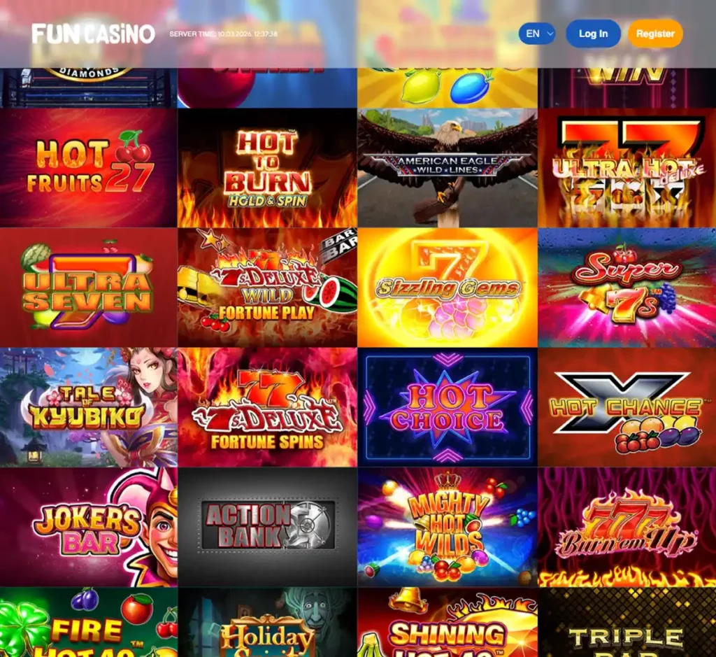 Fun Casino desktop slots screenshot displaying full game library with categories, featured slots and filtering options on widescreen interface - tested Fun Casino desktop slots screenshot displaying full game library with categories, featured slots and filtering options on widescreen interface - tested