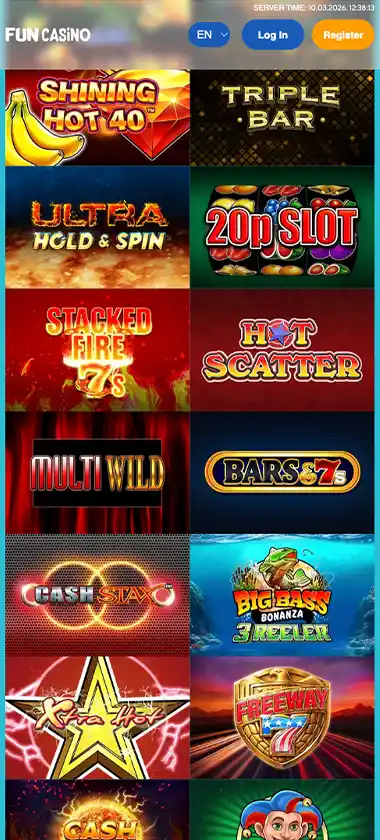 Fun Casino mobile slots screenshot showing slot game library with featured titles, categories and navigation on smartphone interface - tested Fun Casino mobile slots screenshot showing slot game library with featured titles, categories and navigation on smartphone interface - tested