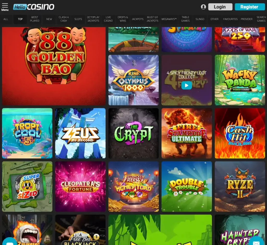 Hello Casino desktop homepage screenshot displaying hero banners, navigation menu, featured games, and promotional sections on widescreen interface - tested