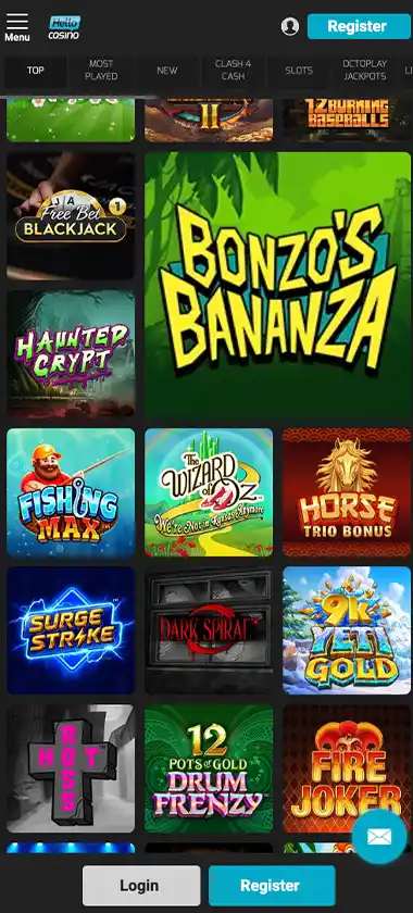 Hello Casino mobile homepage screenshot showing hero banners, navigation menu, featured games, and promotional sections on smartphone interface - tested
