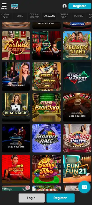 Hello Casino mobile live casino screenshot showing live dealer tables, game thumbnails, and lobby navigation on smartphone interface - tested