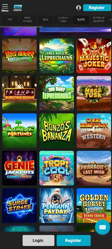 Hello Casino mobile slots screenshot showing slot game library with featured titles, categories, and scrollable navigation on smartphone interface - tested