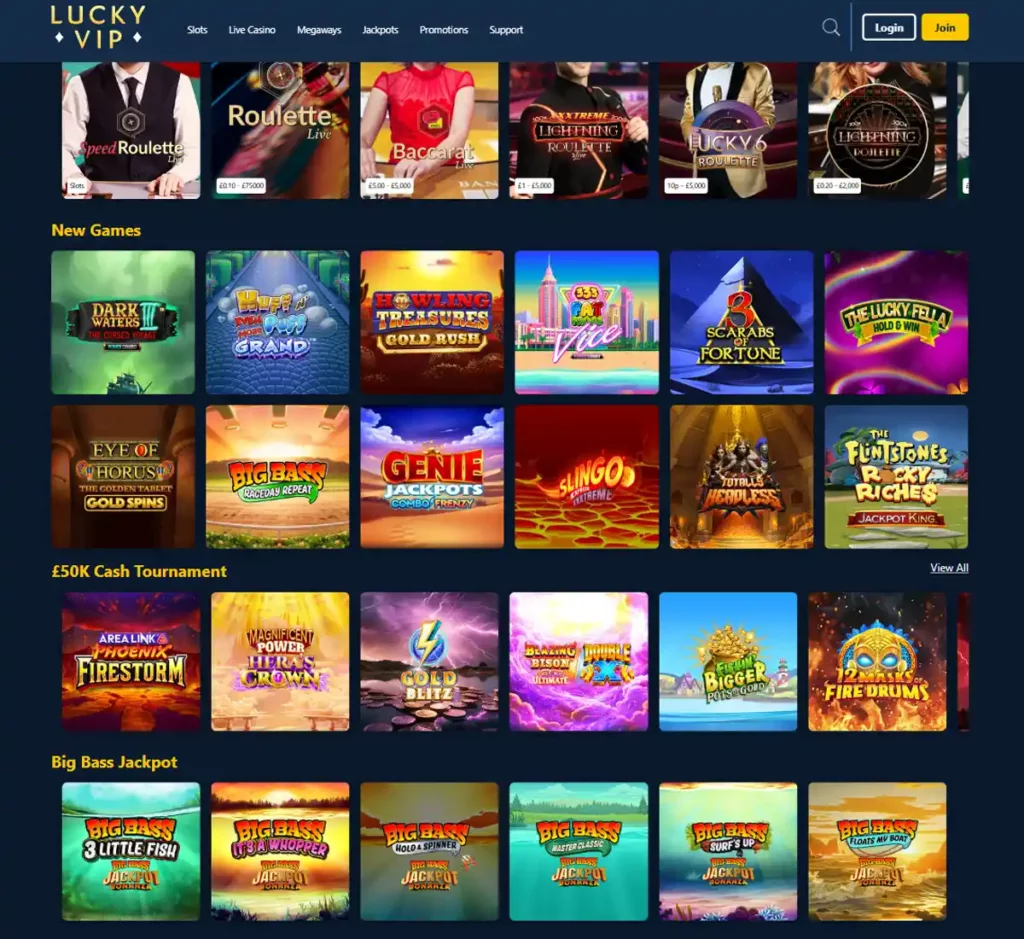 Lucky VIP Casino desktop homepage screenshot showing main navigation, featured games and promotional banners - tested