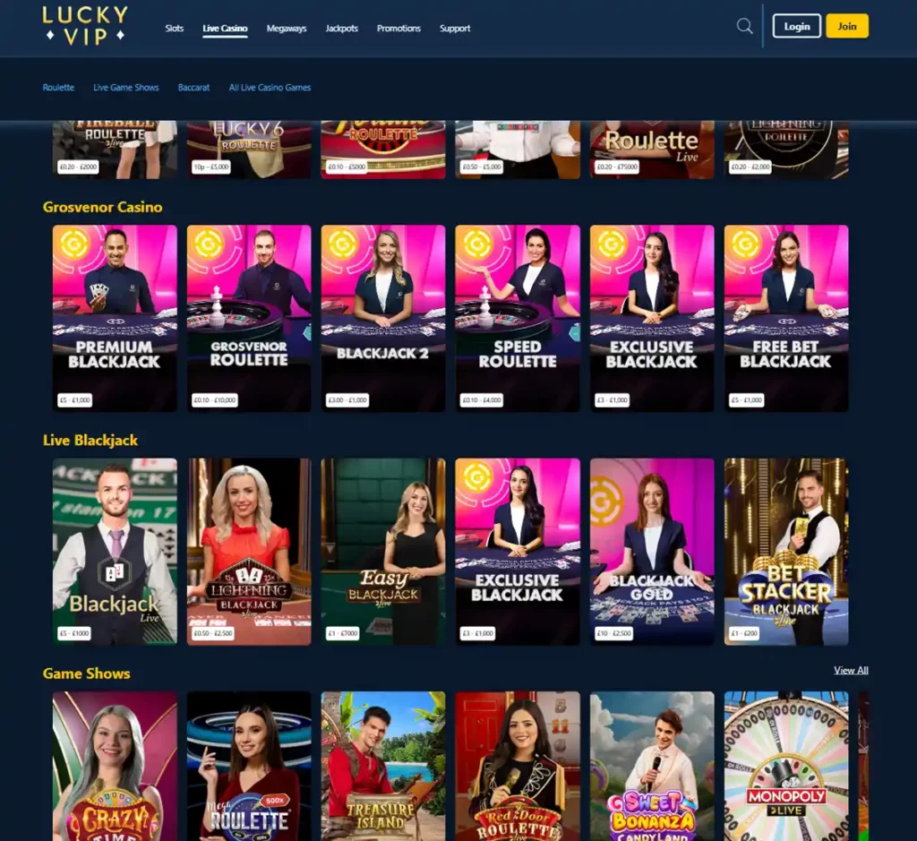 Lucky VIP Casino desktop live dealer games collection screenshot showing roulette, blackjack and baccarat tables in lobby view with categories and provider filters - tested