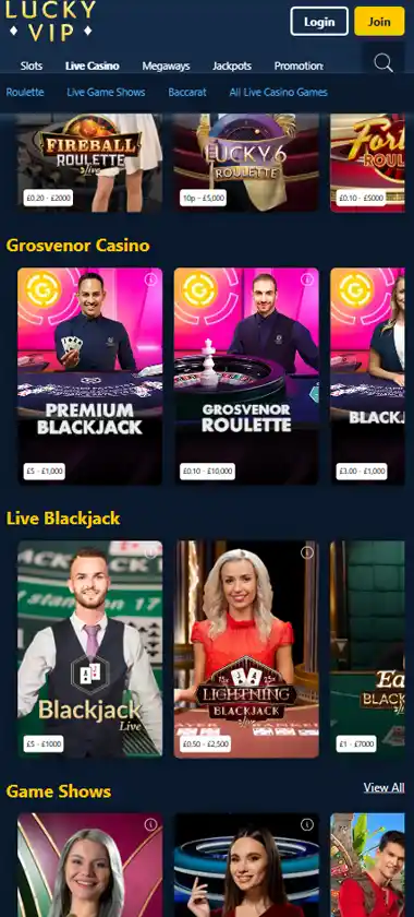 Lucky VIP Casino mobile live dealer games collection screenshot displaying available live tables and categories with mobile-friendly interface/navigation - tested