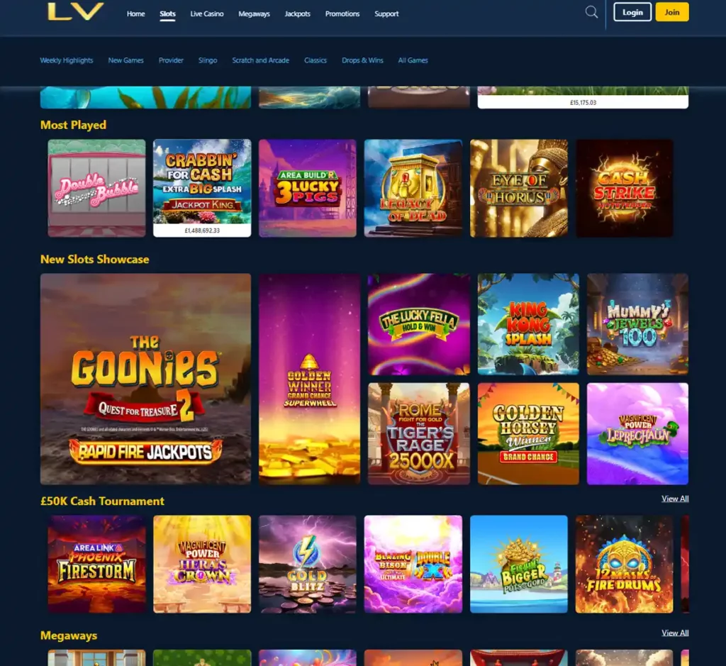 Lucky VIP Casino desktop slot screenshot showing multiple slot categories, featured games and provider filters - tested