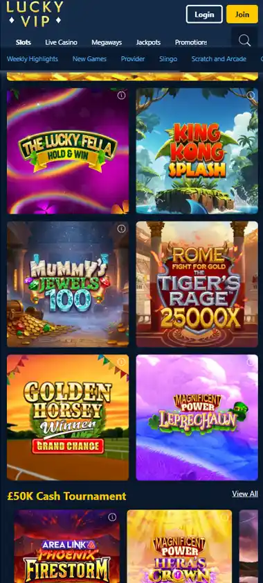 Lucky VIP Casino mobile slots variety screenshot displaying featured slots, categories and touch-optimized navigation - tested