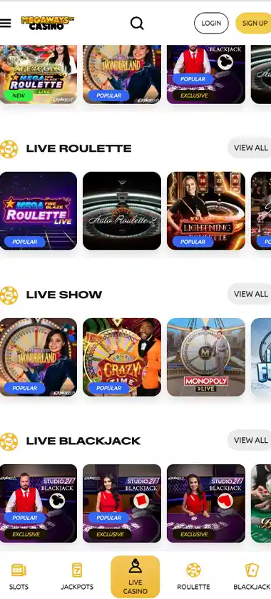 Mega Ways Casino mobile live casino screenshot displaying live dealer tables including roulette, blackjack and baccarat with mobile lobby navigation and betting interface - tested