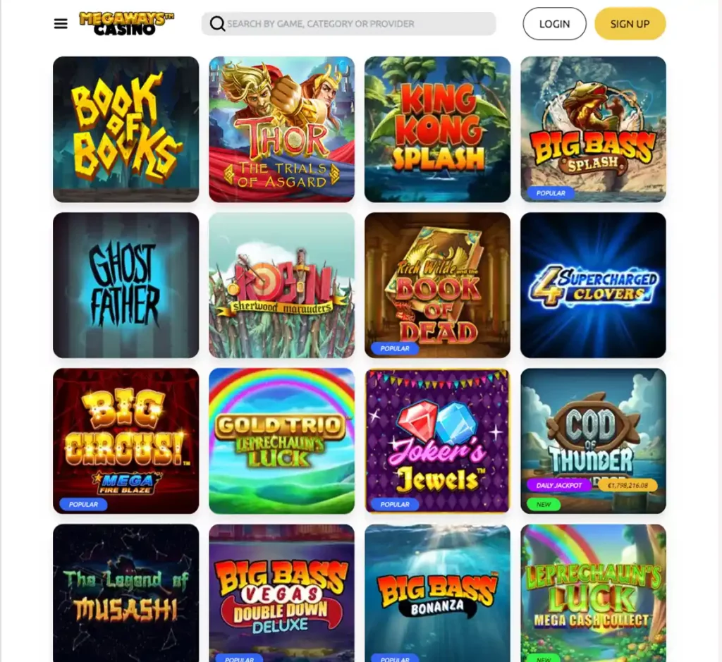Mega Ways Casino desktop slots screenshot showing slot categories, featured titles and game providers in the casino lobby - tested