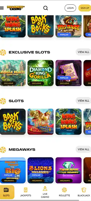 Mega Ways Casino mobile slots screenshot showing slot game thumbnails, categories and featured titles in the mobile game lobby - tested