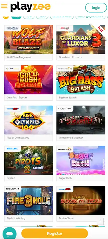 Playzee Casino mobile homepage screenshot showing hero banners, navigation menu, featured games, and promotional sections on smartphone interface - tested Playzee Casino mobile homepage screenshot showing hero banners, navigation menu, featured games, and promotional sections on smartphone interface - tested