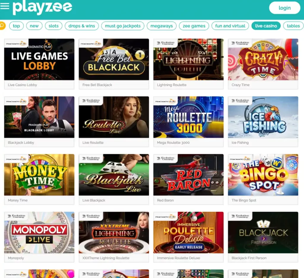 Playzee Casino desktop live casino screenshot displaying live dealer tables, streaming interface, and game selection grid on widescreen layout - tested