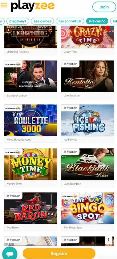 Playzee Casino mobile live casino screenshot showing live dealer tables, game thumbnails, and lobby navigation on smartphone interface - tested Playzee Casino mobile live casino screenshot showing live dealer tables, game thumbnails, and lobby navigation on smartphone interface - tested