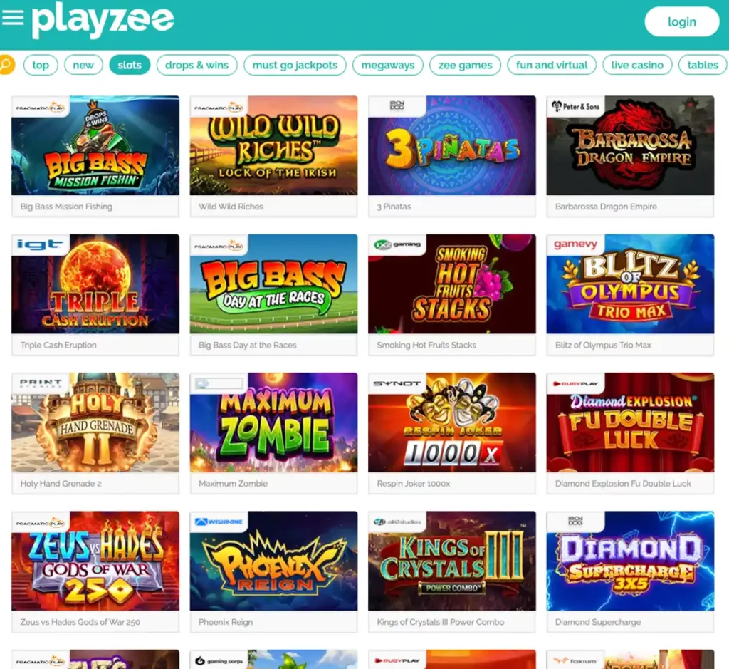 Playzee Casino desktop slots screenshot displaying full game library with categories, featured slots, and filtering options on widescreen interface - tested