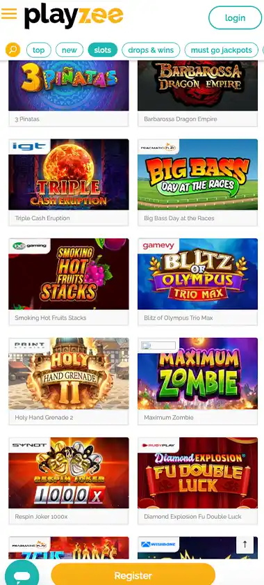 Playzee Casino mobile slots screenshot showing slot game library with featured titles, categories, and scrollable navigation on smartphone interface - tested Playzee Casino mobile slots screenshot showing slot game library with featured titles, categories, and scrollable navigation on smartphone interface - tested