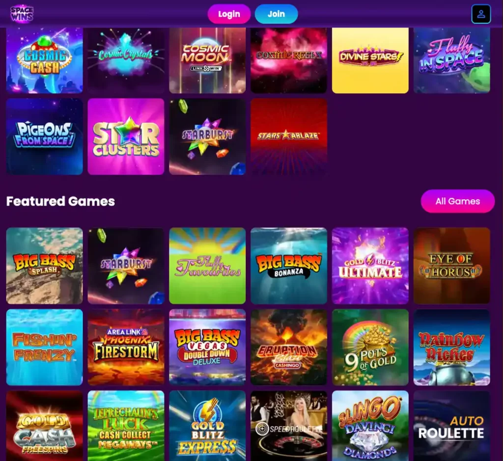 Space Wins Casino desktop homepage screenshot displaying hero banners, navigation menu, featured games, and promotional sections on widescreen interface - tested