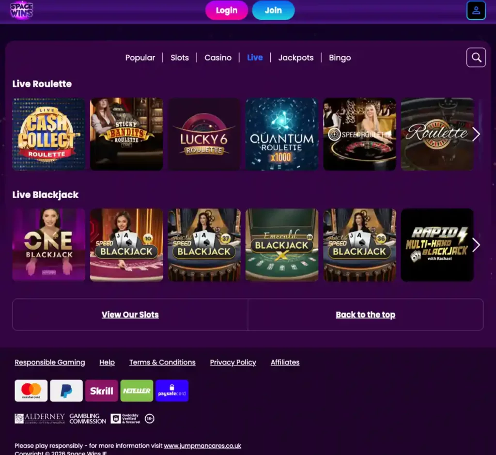 Space Wins Casino desktop live casino screenshot displaying live dealer tables, streaming interface, and game selection grid on widescreen layout - tested