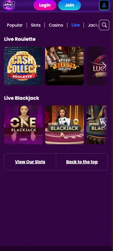 Space Wins Casino mobile live casino screenshot showing live dealer tables, game thumbnails, and lobby navigation on smartphone interface - tested