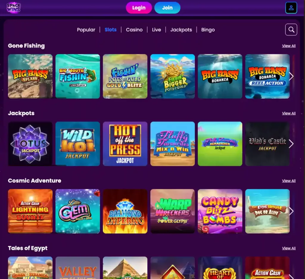 Space Wins Casino desktop slots screenshot displaying full game library with categories, featured slots, and filtering options on widescreen interface - tested