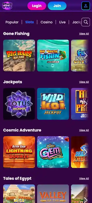Space Wins Casino mobile slots screenshot showing slot game library with featured titles, categories, and scrollable navigation on smartphone interface - tested