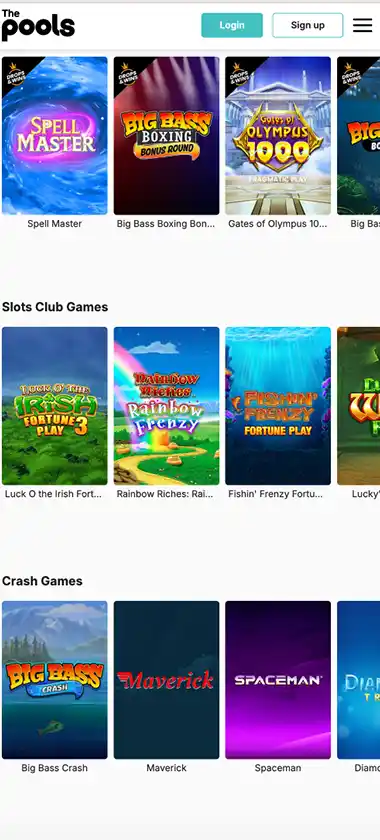 The Pools Casino mobile homepage screenshot showing hero banners, navigation menu, featured games and promotional sections on smartphone interface - tested