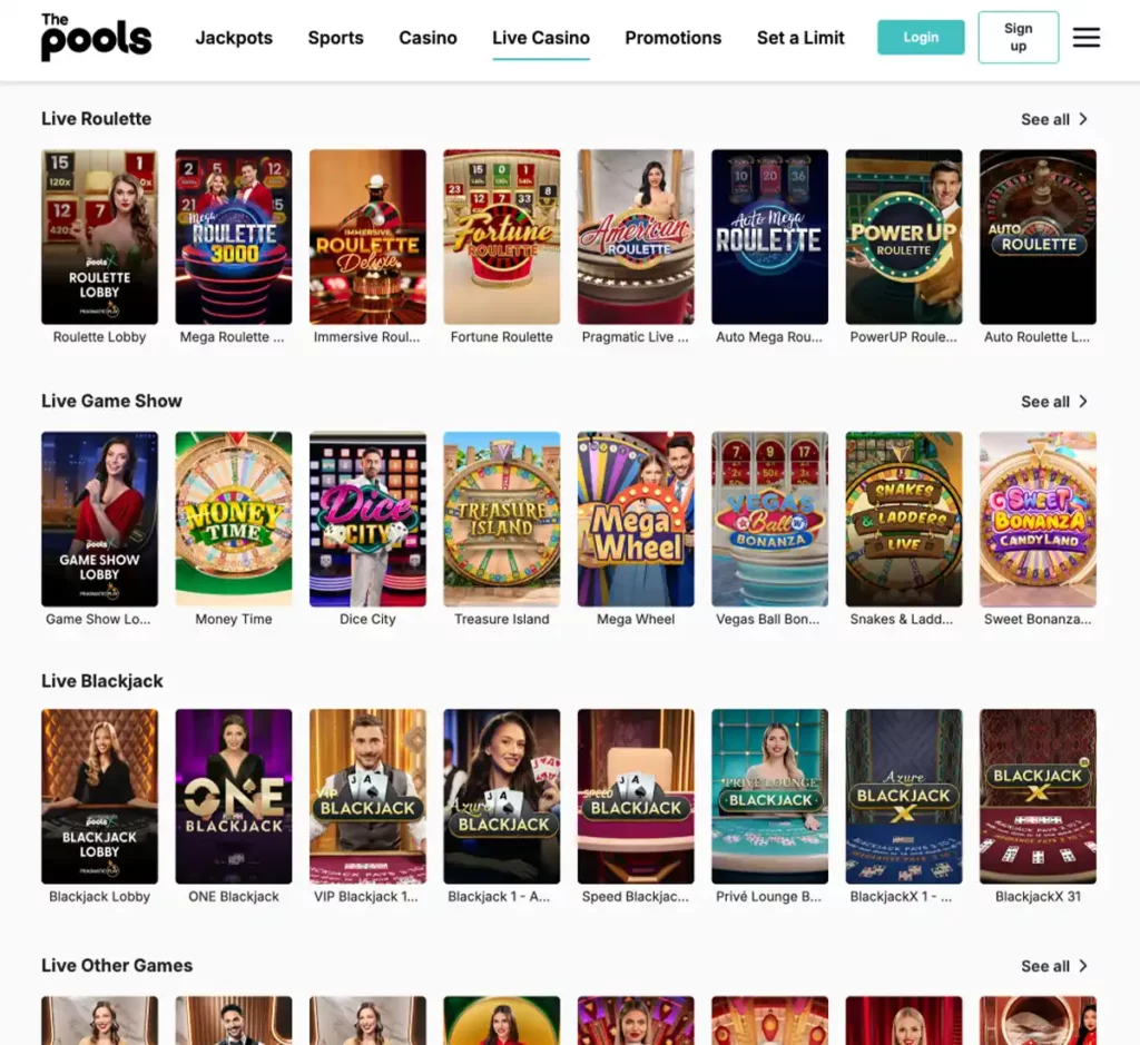 The Pools Casino desktop live casino screenshot displaying live dealer tables, game selection and streaming interface on widescreen layout - tested