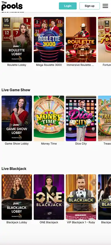 The Pools Casino mobile live casino screenshot showing live dealer tables, game thumbnails and lobby interface on smartphone - tested